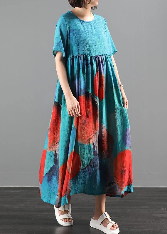 Blue Print Cotton Dress O Neck Extra Large Hem Robes Summer Dresses