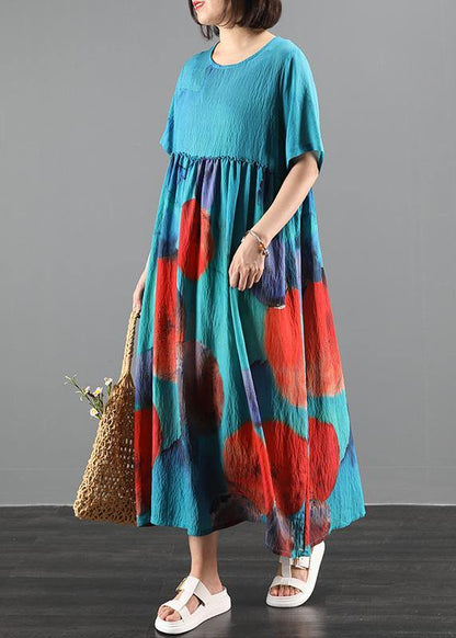 Blue Print Cotton Dress O Neck Extra Large Hem Robes Summer Dresses