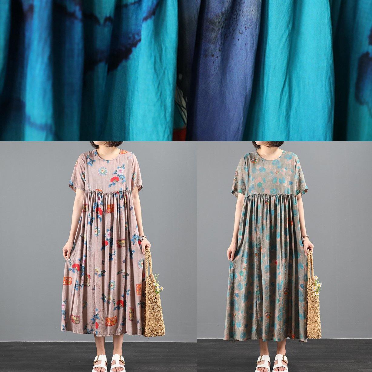 Blue Print Cotton Dress O Neck Extra Large Hem Robes Summer Dresses