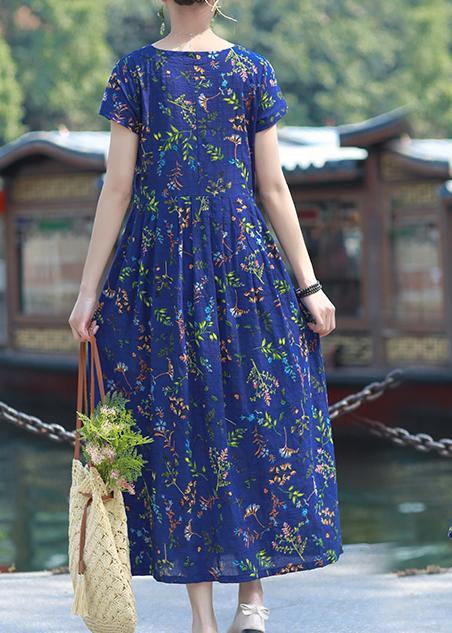 Blue Print Cotton Linen Tunics O Neck Cinched Short Summer Dress