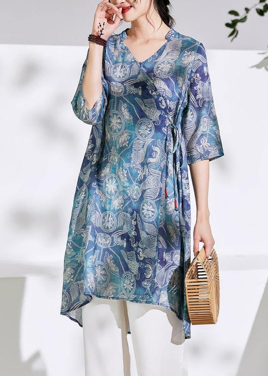 Blue Print Cotton Linen Clothes for Photography V Neck Tie Waist Shirts