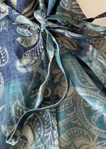 Blue Print Cotton Linen Clothes for Photography V Neck Tie Waist Shirts