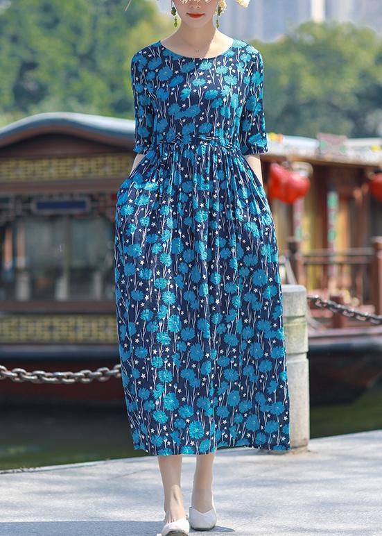 Blue Print Cotton Outfit O Neck Drawstring Summer Dress