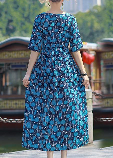 Blue Print Cotton Outfit O Neck Drawstring Summer Dress