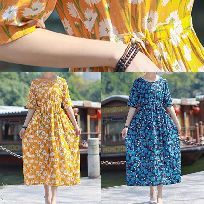 Blue Print Cotton Outfit O Neck Drawstring Summer Dress