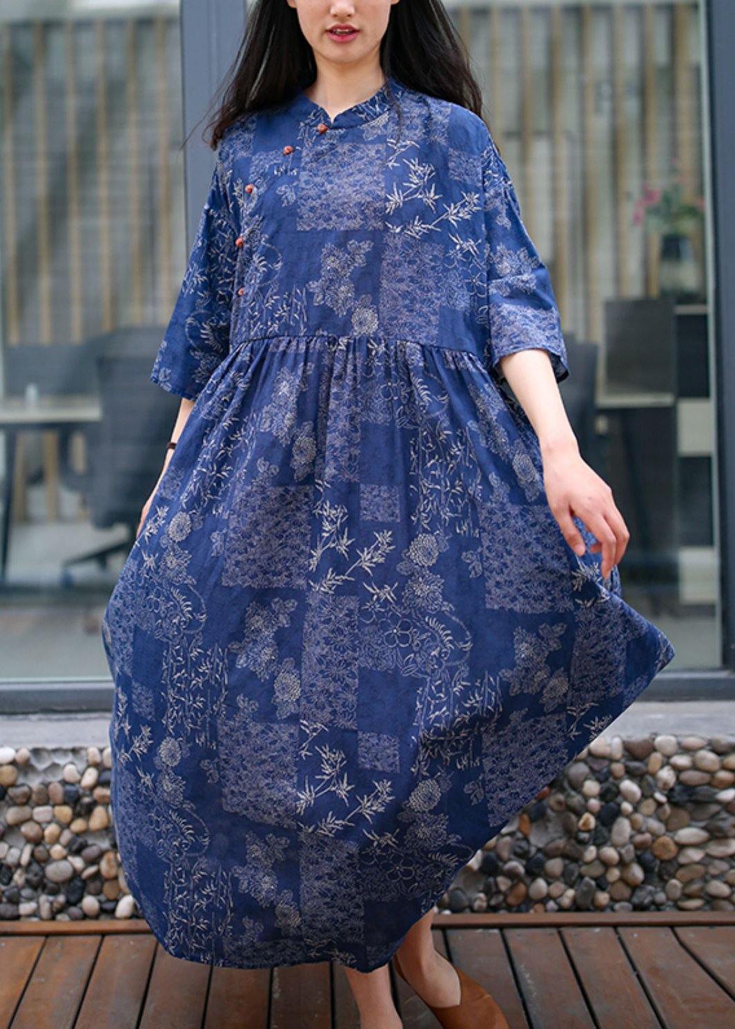 Blue Print Cotton Quilting Clothes Stand Collar Extra Large Hem Traveling Summer Dress