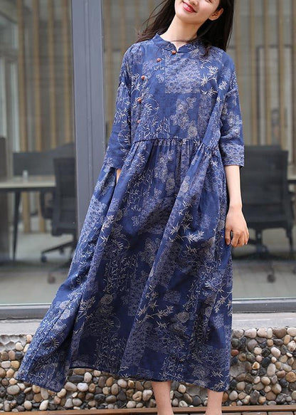 Blue Print Cotton Quilting Clothes Stand Collar Extra Large Hem Traveling Summer Dress