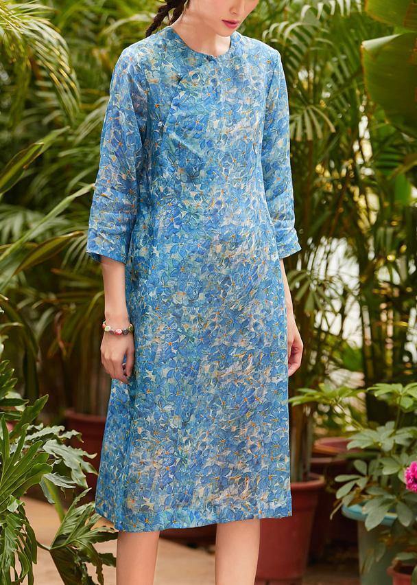 Blue Print Linen Shirts O Neck Side Open Short Summer Dresses