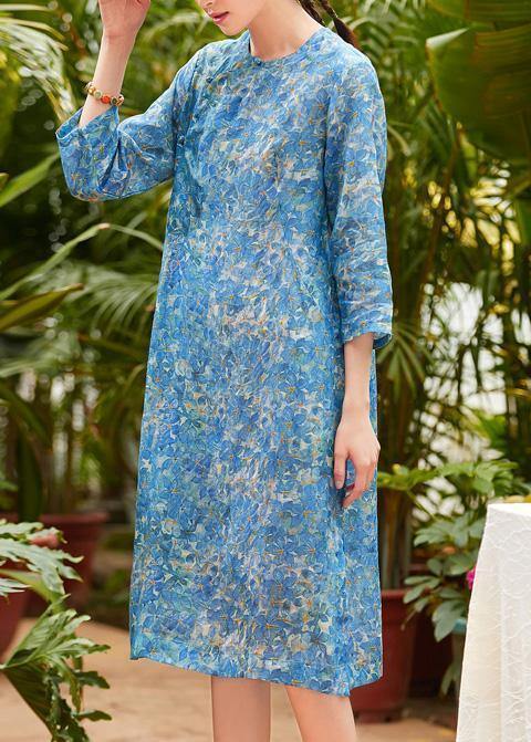 Blue Print Linen Shirts O Neck Side Open Short Summer Dresses