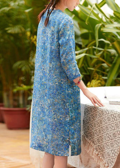 Blue Print Linen Shirts O Neck Side Open Short Summer Dresses