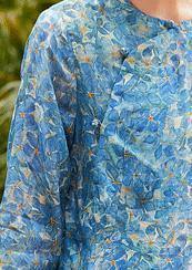 Blue Print Linen Shirts O Neck Side Open Short Summer Dresses