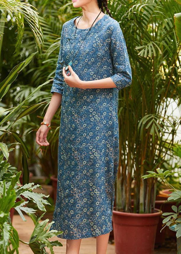 Blue Print Linen Clothes for O Neck Chinese Button Summer Dress