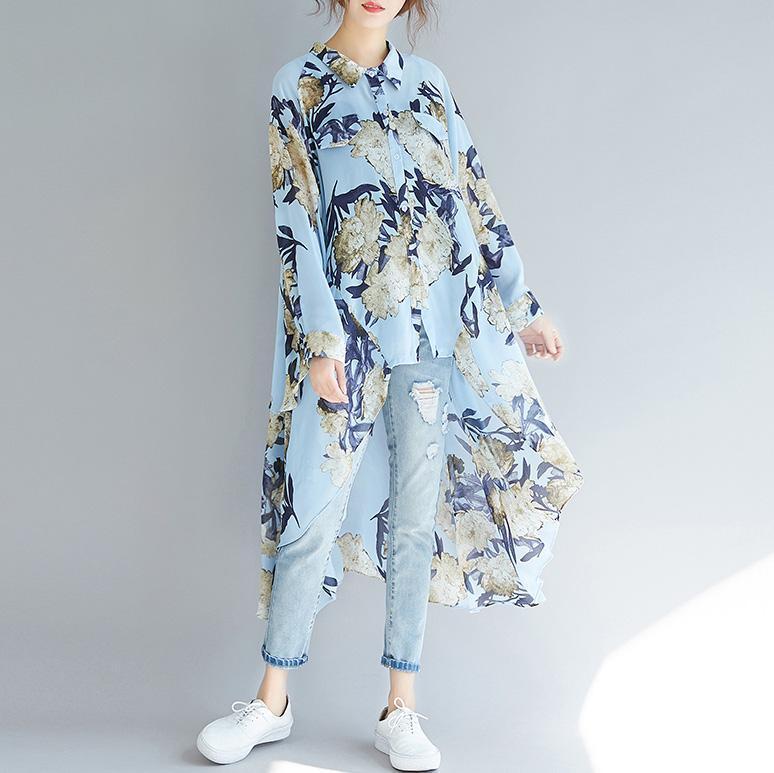 Blue Prints Chiffon Clothes for Fine Inspiration Lapel Collar Tunic Low High Design Shirt