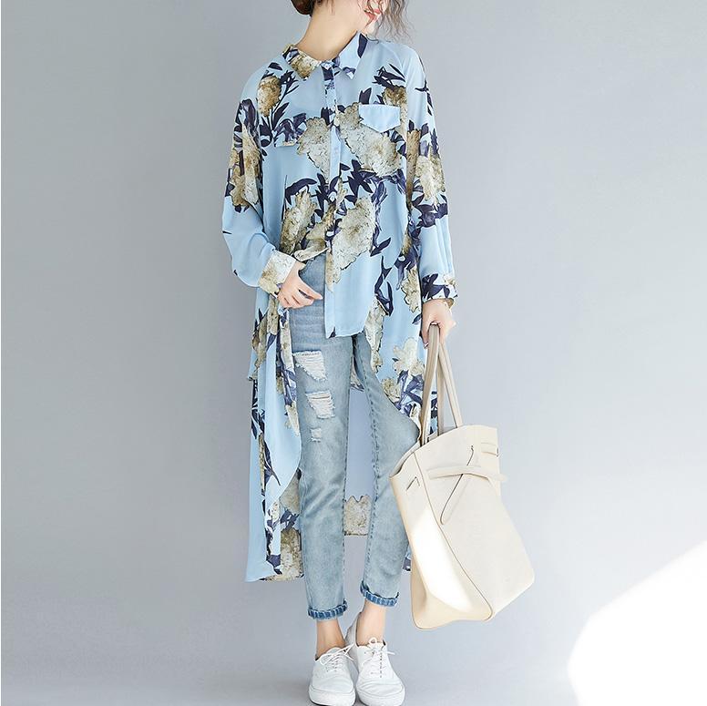Blue Prints Chiffon Clothes for Fine Inspiration Lapel Collar Tunic Low High Design Shirt
