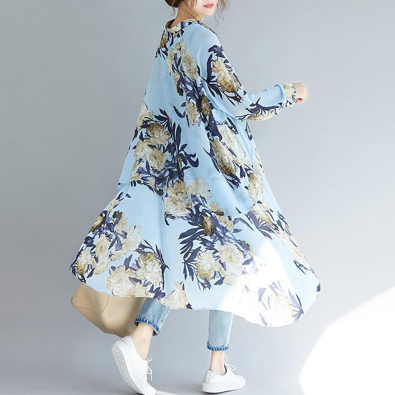 Blue Prints Chiffon Clothes for Fine Inspiration Lapel Collar Tunic Low High Design Shirt