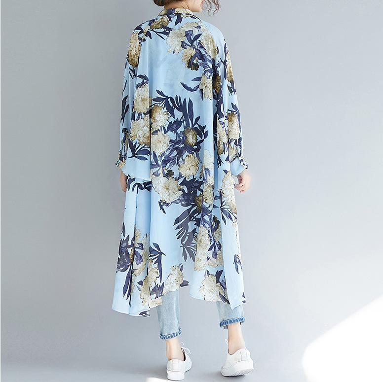 Blue Prints Chiffon Clothes for Fine Inspiration Lapel Collar Tunic Low High Design Shirt