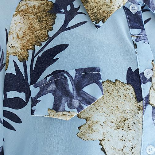 Blue Prints Chiffon Clothes for Fine Inspiration Lapel Collar Tunic Low High Design Shirt