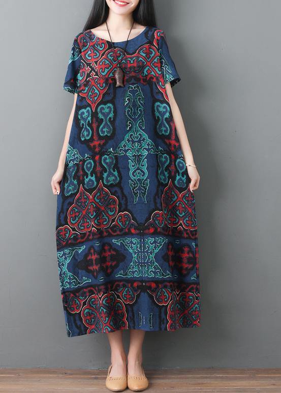 Blue Prints Cotton Robes O Neck Maxi Summer Dresses