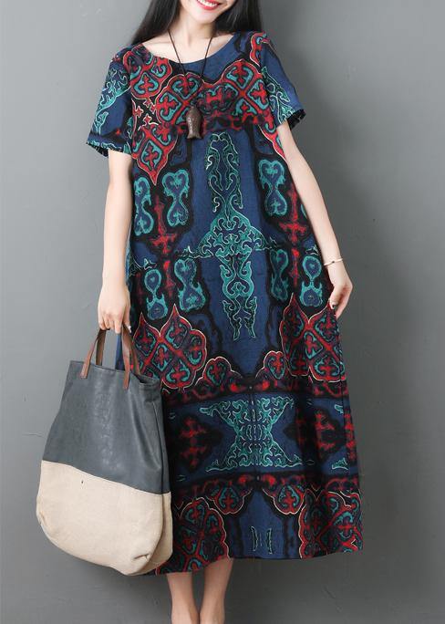 Blue Prints Cotton Robes O Neck Maxi Summer Dresses