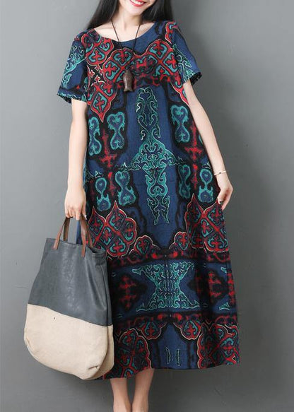 Blue Prints Cotton Robes O Neck Maxi Summer Dresses