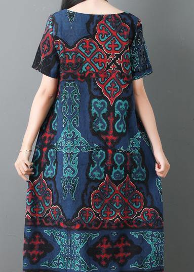 Blue Prints Cotton Robes O Neck Maxi Summer Dresses