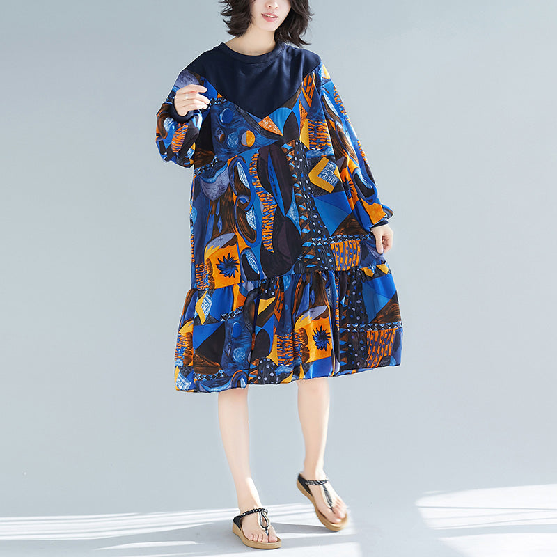 Blue Prints Cotton Clothes Stylish Pattern Ruffles Kaftan Patchwork O Neck Dresses