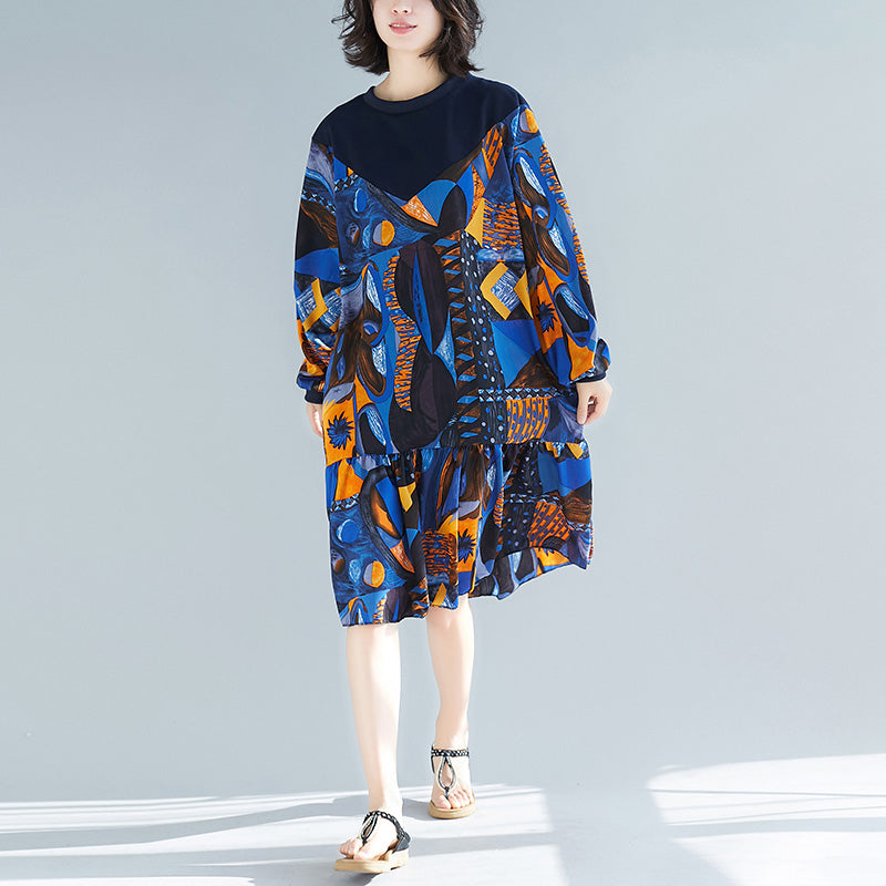 Blue Prints Cotton Clothes Stylish Pattern Ruffles Kaftan Patchwork O Neck Dresses
