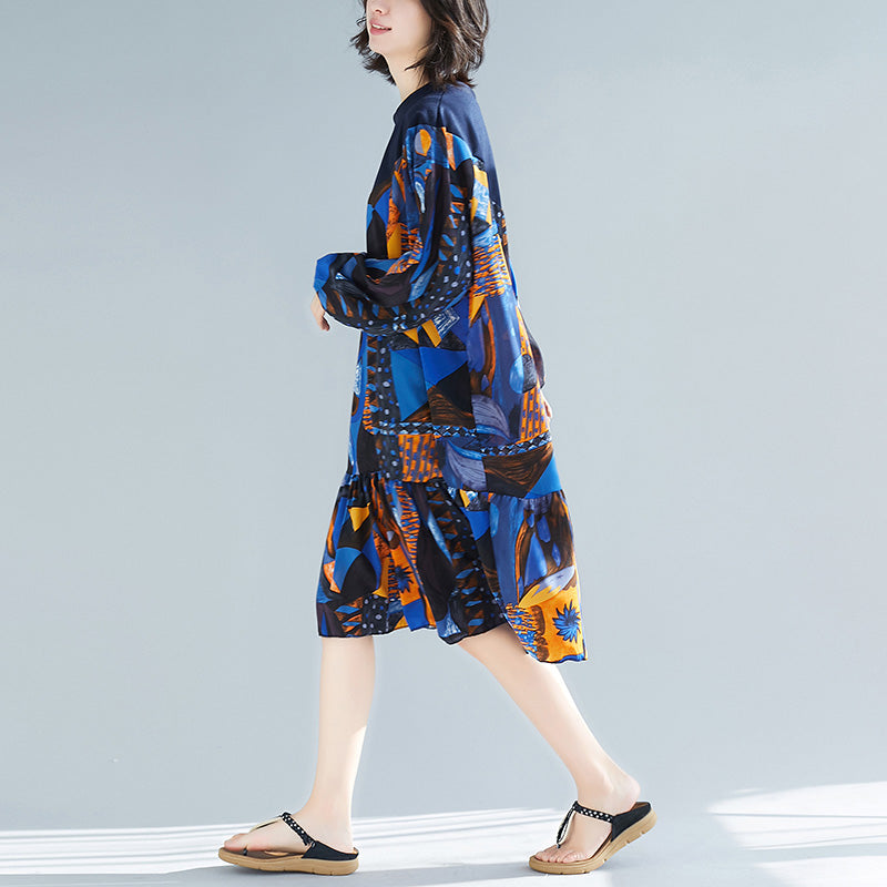 Blue Prints Cotton Clothes Stylish Pattern Ruffles Kaftan Patchwork O Neck Dresses