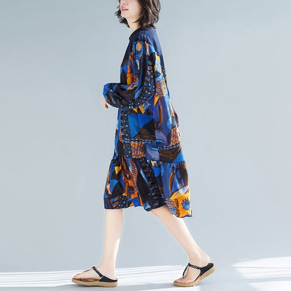 Blue Prints Cotton Clothes Stylish Pattern Ruffles Kaftan Patchwork O Neck Dresses