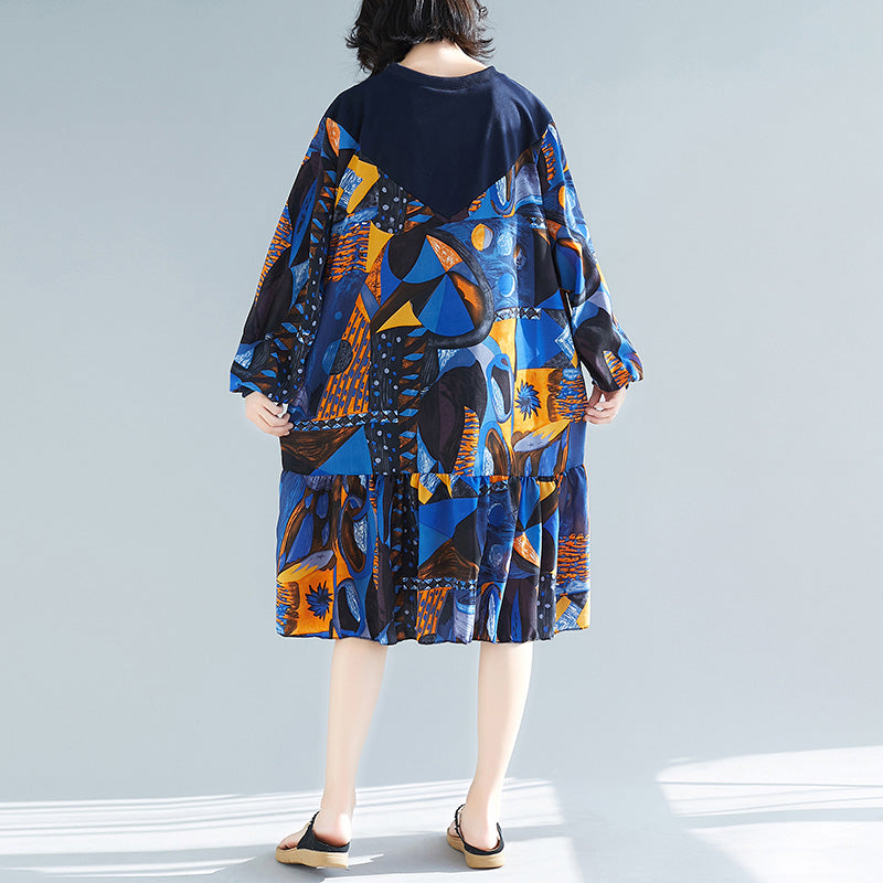 Blue Prints Cotton Clothes Stylish Pattern Ruffles Kaftan Patchwork O Neck Dresses