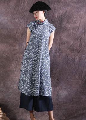 Blue Prints Cotton Dresses Chinese Button Traveling Summer Dress