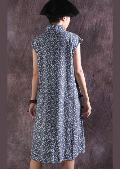 Blue Prints Cotton Dresses Chinese Button Traveling Summer Dress