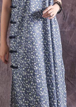 Blue Prints Cotton Dresses Chinese Button Traveling Summer Dress