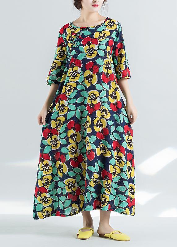Blue Prints Cotton Linen Dresses Half Sleeve Cotton Robes Sundress Dresses