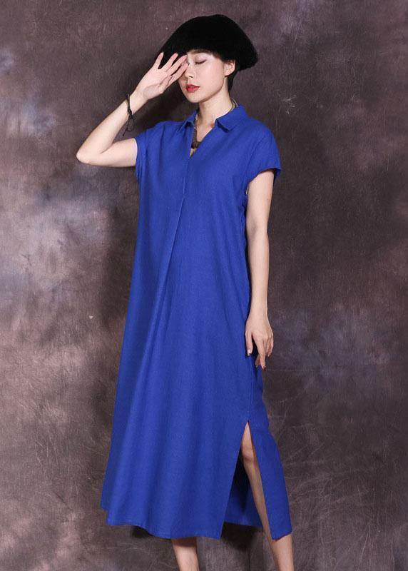 Blue Side Open Cotton Linen Dresses Lapel Collar Summer Dresses