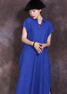 Blue Side Open Cotton Linen Dresses Lapel Collar Summer Dresses