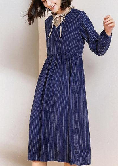Blue Striped Linen Dresses V Neck Dresses Patchwork Dresses