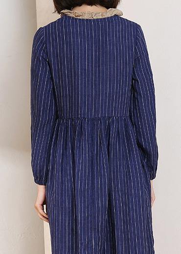 Blue Striped Linen Dresses V Neck Dresses Patchwork Dresses