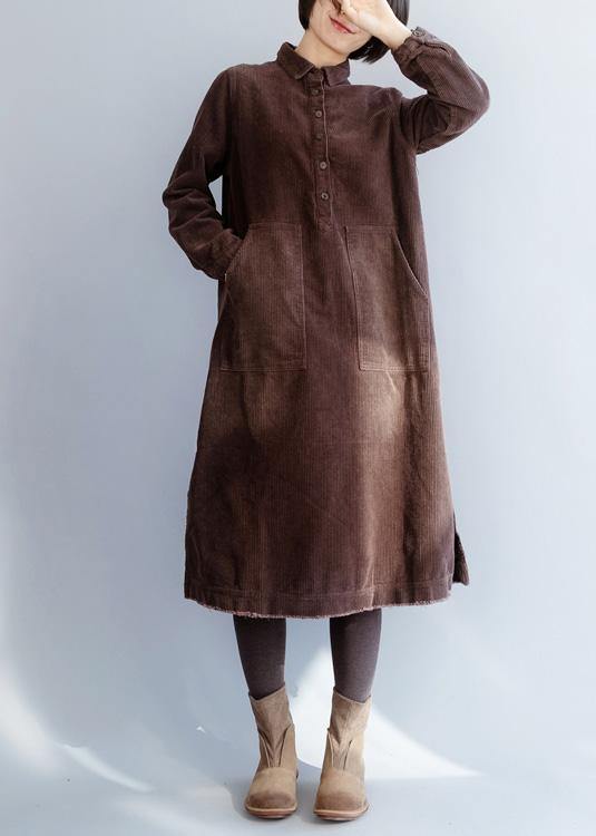 Brown Cotton Wardrobes Side Open Robe Lapel Collar Dresses