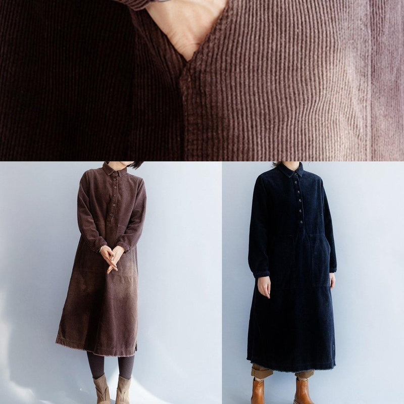 Brown Cotton Wardrobes Side Open Robe Lapel Collar Dresses