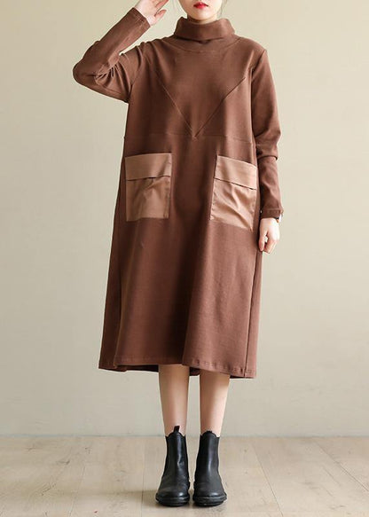 Brown Cotton Clothes High Neck Patchwork Dress