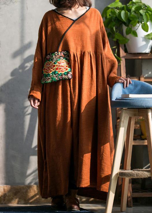 Brown Cotton Linen Quilting Dresses O Neck Embroidery Spring Dresses