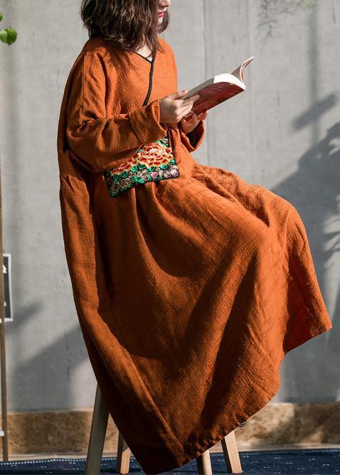 Brown Cotton Linen Quilting Dresses O Neck Embroidery Spring Dresses