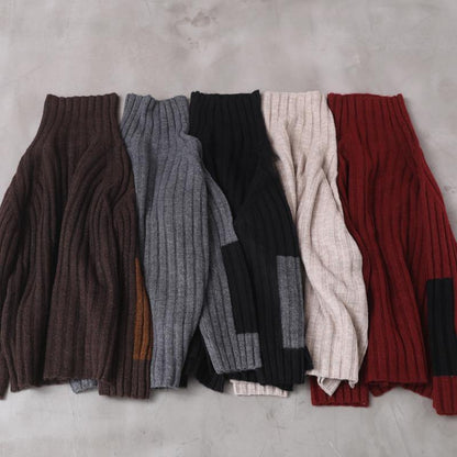 Brown Knit Tops Patchwork Sleeve High Neck Sweaters