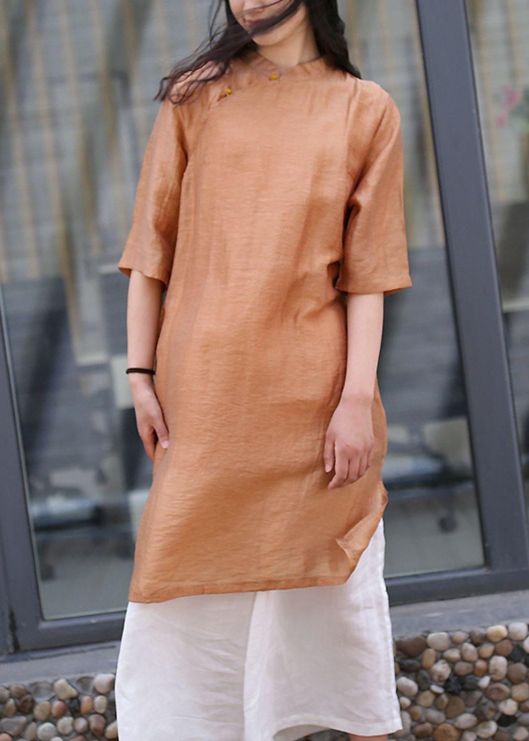 Brown Linen Outfit Stand Collar Side Open Art Dress