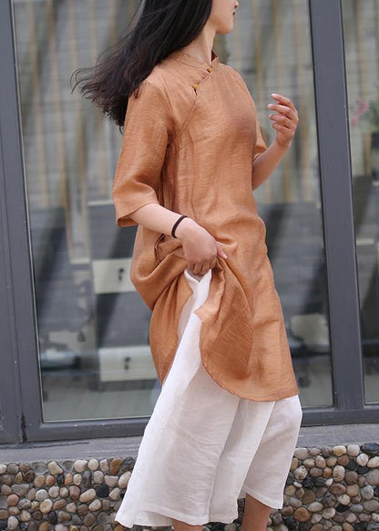 Brown Linen Outfit Stand Collar Side Open Art Dress