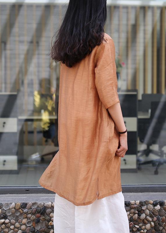 Brown Linen Outfit Stand Collar Side Open Art Dress