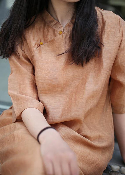 Brown Linen Outfit Stand Collar Side Open Art Dress