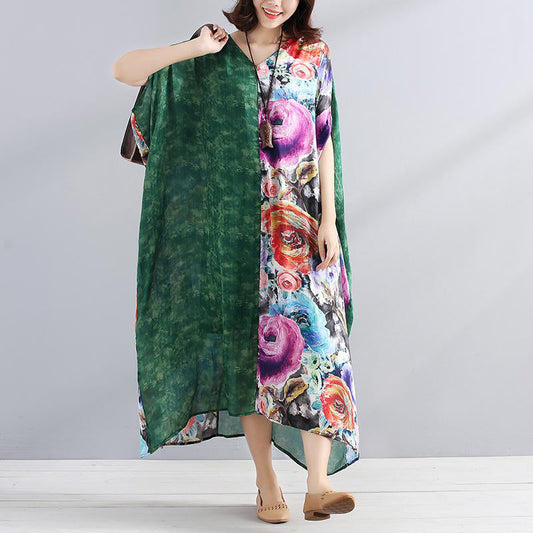 Chiffon Robes Fitted V Neck Splicing Short Sleeves Printed Summer Dress