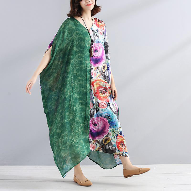 Chiffon Robes Fitted V Neck Splicing Short Sleeves Printed Summer Dress